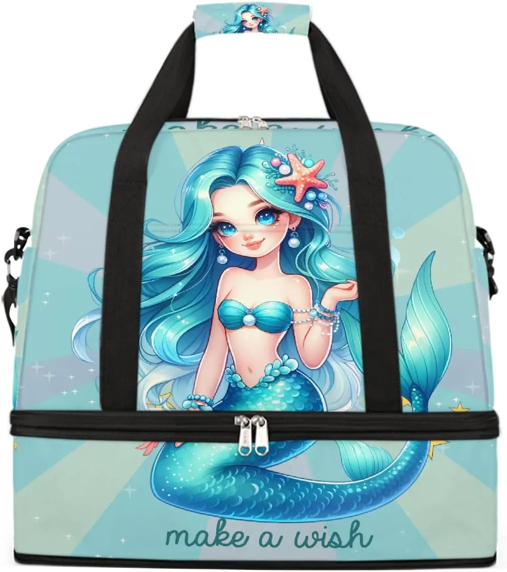 Sports Gym Bag Mermaid Text Cute Large Travel Duffel Bag With Shoe Compartment Foldable Waterproof Carry-On Weekend Travel Bags for Camping Overnight Yoga Hospital Travel Bags