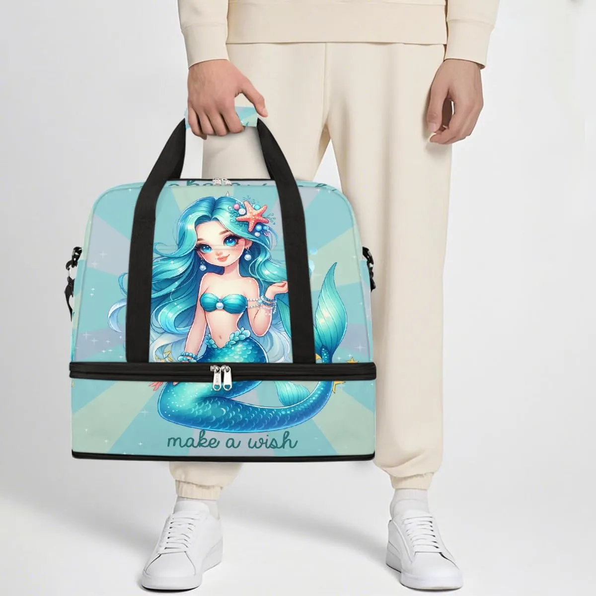 Sports Gym Bag Mermaid Text Cute Large Travel Duffel Bag With Shoe Compartment Foldable Waterproof Carry-On Weekend Travel Bags for Camping Overnight Yoga Hospital Travel Bags