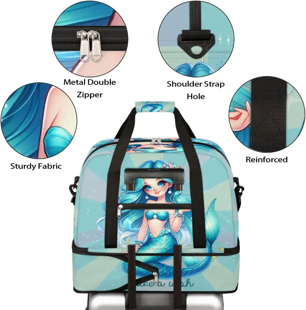 Sports Gym Bag Mermaid Text Cute Large Travel Duffel Bag With Shoe Compartment Foldable Waterproof Carry-On Weekend Travel Bags for Camping Overnight Yoga Hospital Travel Bags