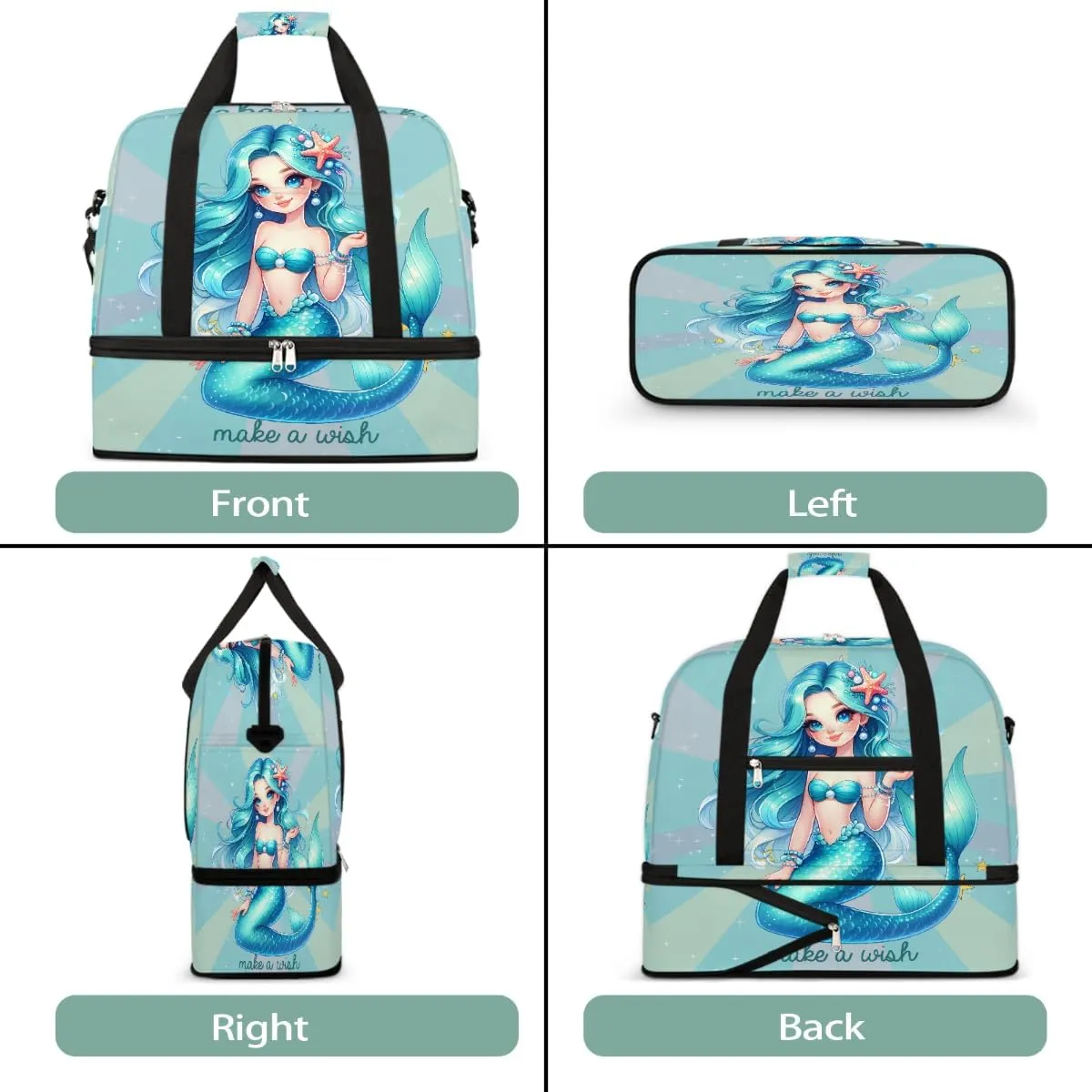Sports Gym Bag Mermaid Text Cute Large Travel Duffel Bag With Shoe Compartment Foldable Waterproof Carry-On Weekend Travel Bags for Camping Overnight Yoga Hospital Travel Bags