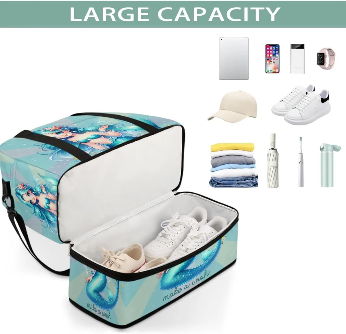 Sports Gym Bag Mermaid Text Cute Large Travel Duffel Bag With Shoe Compartment Foldable Waterproof Carry-On Weekend Travel Bags for Camping Overnight Yoga Hospital Travel Bags