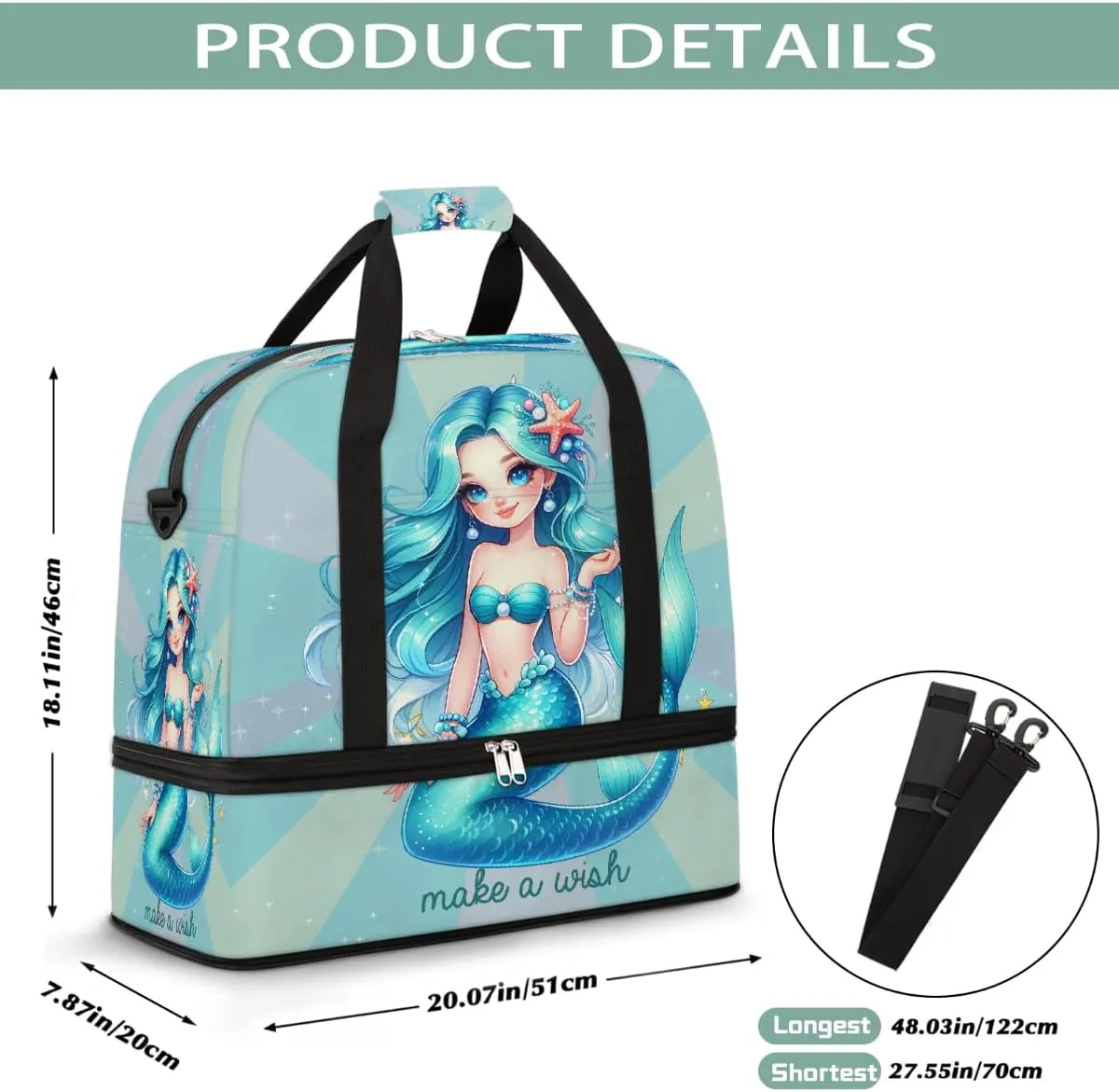 Sports Gym Bag Mermaid Text Cute Large Travel Duffel Bag With Shoe Compartment Foldable Waterproof Carry-On Weekend Travel Bags for Camping Overnight Yoga Hospital Travel Bags