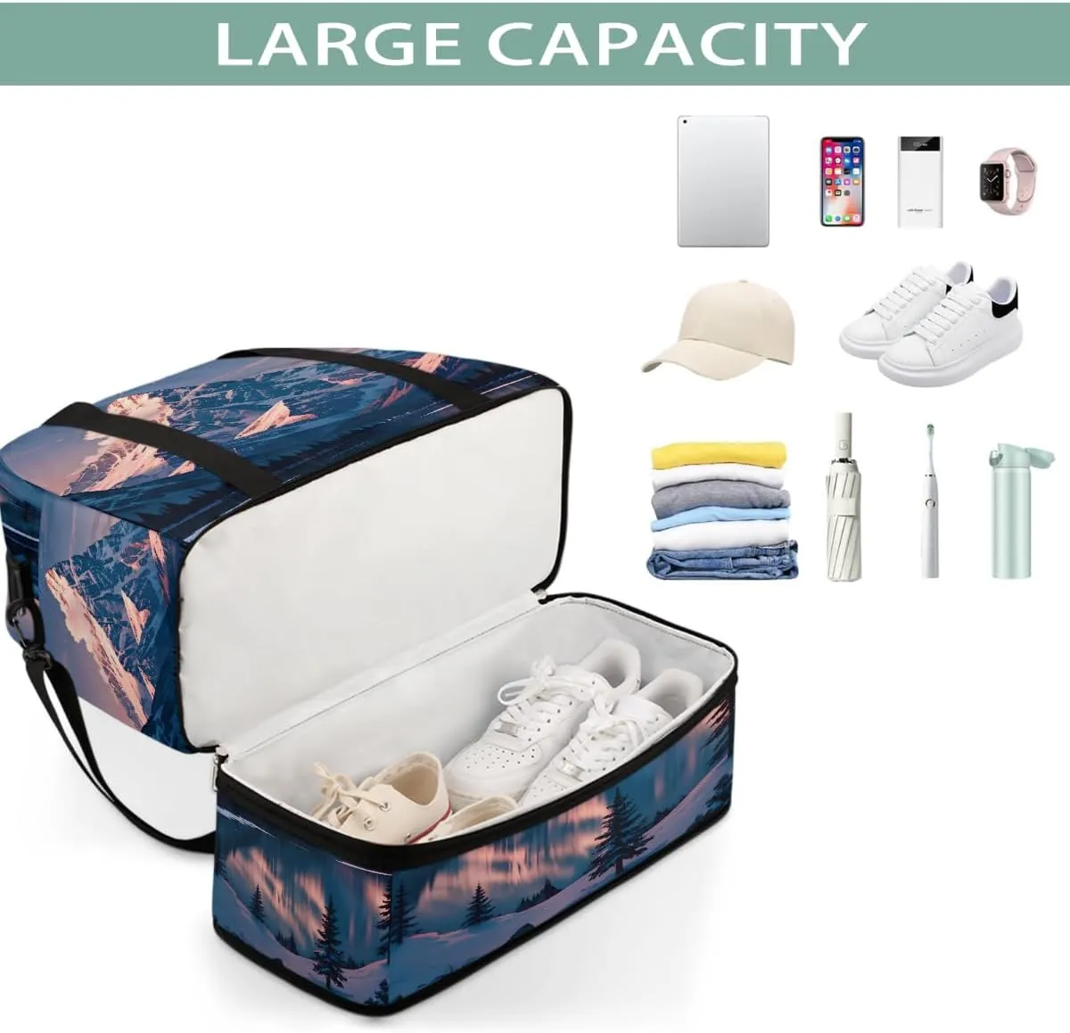 Sports Gym Bag Mountains Sky Landscape Large Travel Duffel Bag With Shoe Compartment Foldable Waterproof Carry-On Weekend Travel Bags for Camping Overnight Yoga Hospital Travel Bags