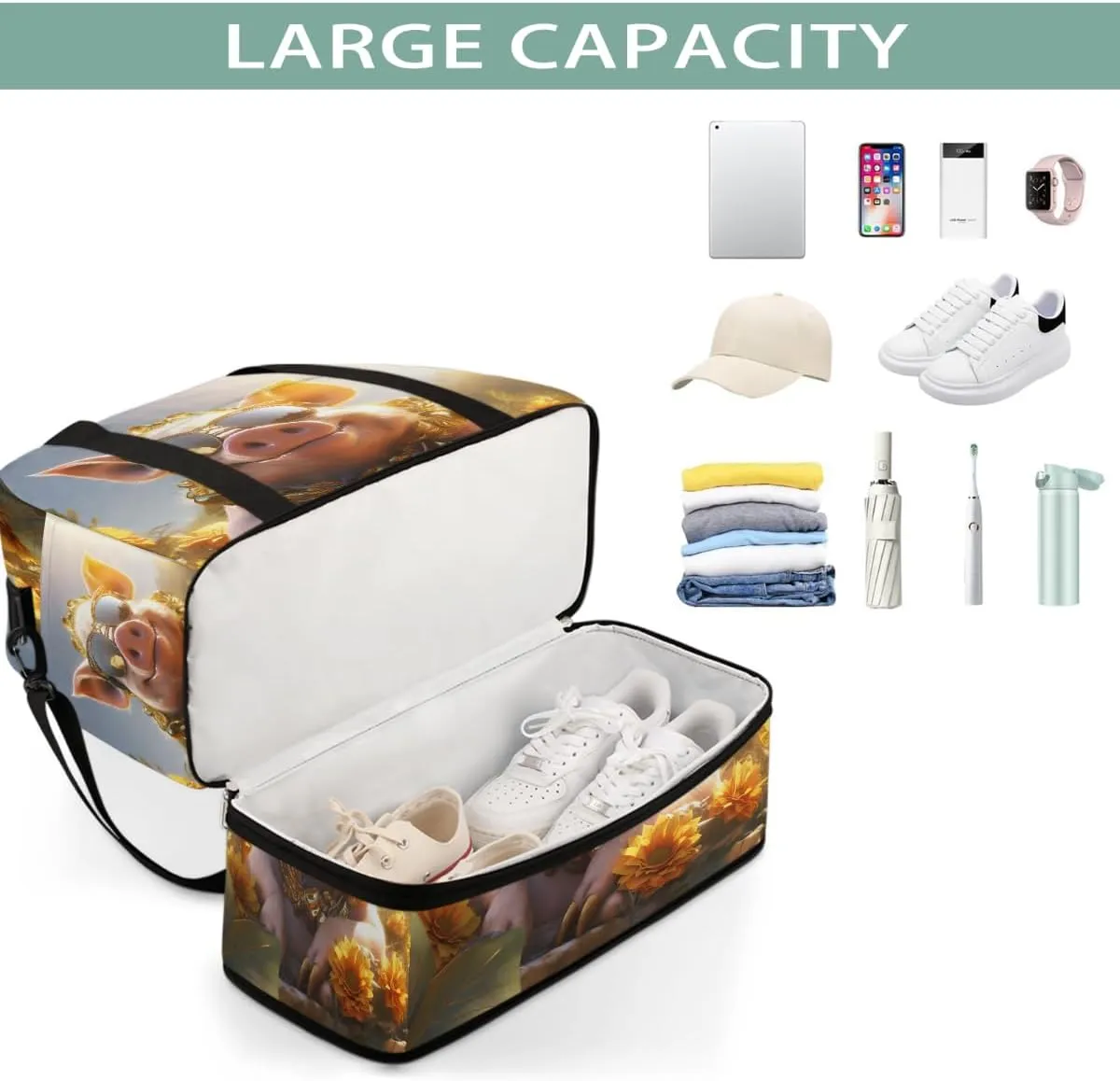 Sports Gym Bag Pig Animal Sunshine Large Travel Duffel Bag With Shoe Compartment Foldable Waterproof Carry-On Weekend Travel Bags for Camping Overnight Yoga Hospital Travel Bags