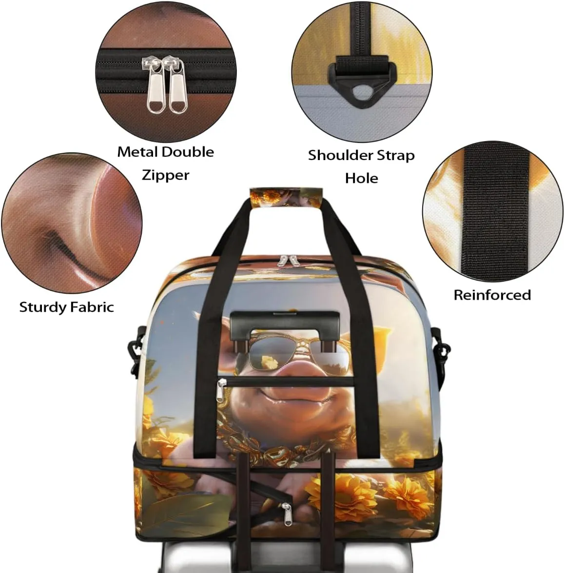Sports Gym Bag Pig Animal Sunshine Large Travel Duffel Bag With Shoe Compartment Foldable Waterproof Carry-On Weekend Travel Bags for Camping Overnight Yoga Hospital Travel Bags