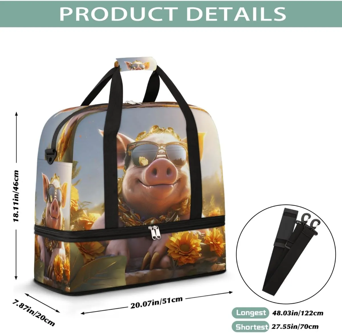 Sports Gym Bag Pig Animal Sunshine Large Travel Duffel Bag With Shoe Compartment Foldable Waterproof Carry-On Weekend Travel Bags for Camping Overnight Yoga Hospital Travel Bags