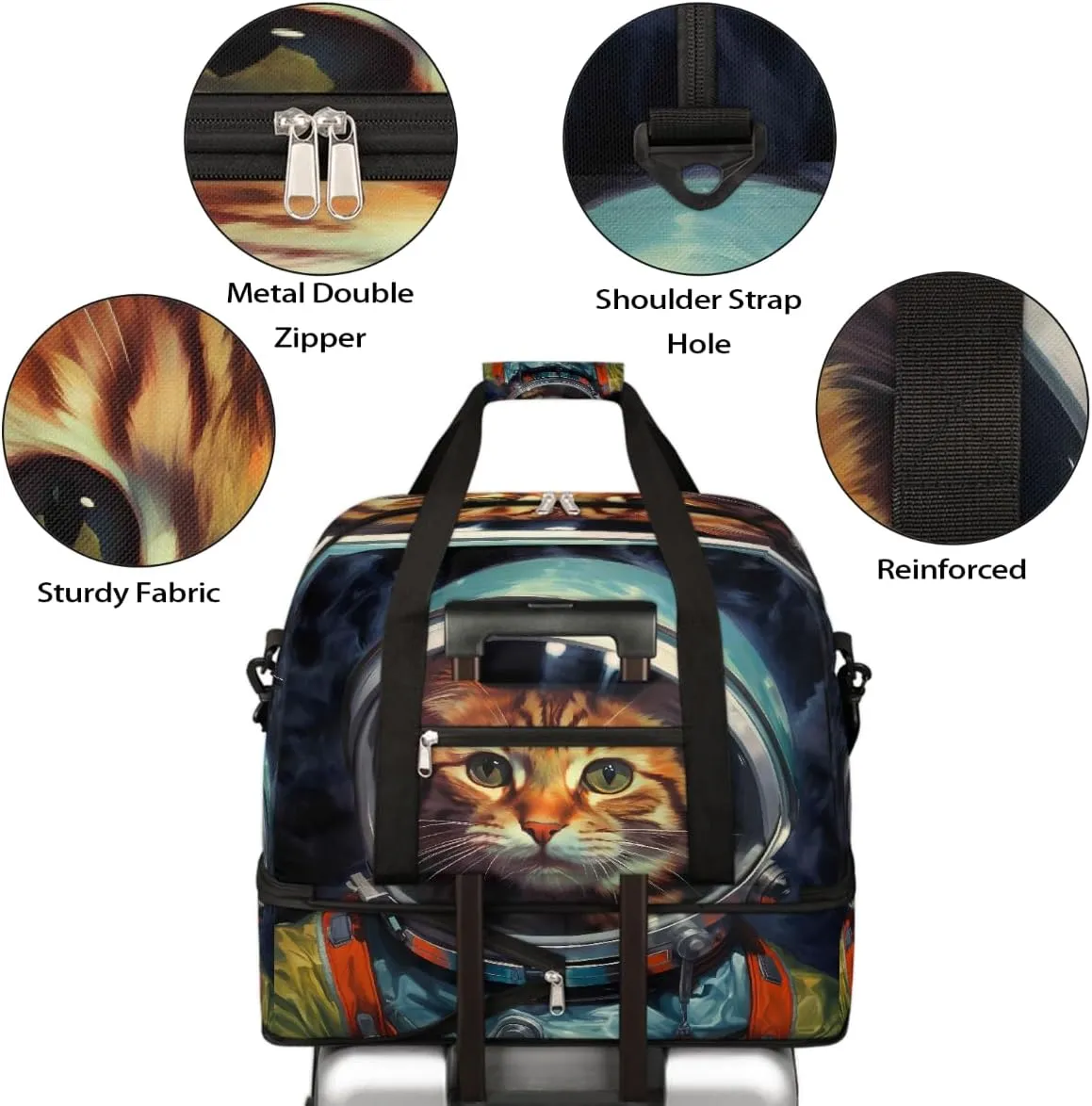 Sports Gym Bag Space Cat Large Travel Duffel Bag With Shoe Compartment Foldable Waterproof Carry-On Weekend Travel Bags for Camping Overnight Yoga Hospital Travel Bags