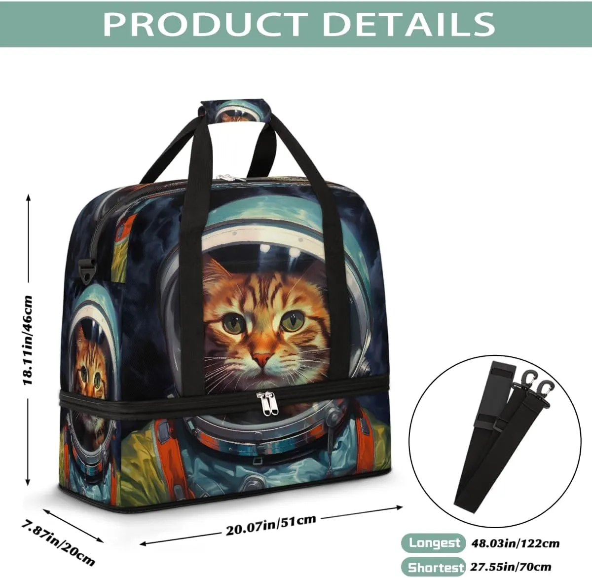 Sports Gym Bag Space Cat Large Travel Duffel Bag With Shoe Compartment Foldable Waterproof Carry-On Weekend Travel Bags for Camping Overnight Yoga Hospital Travel Bags