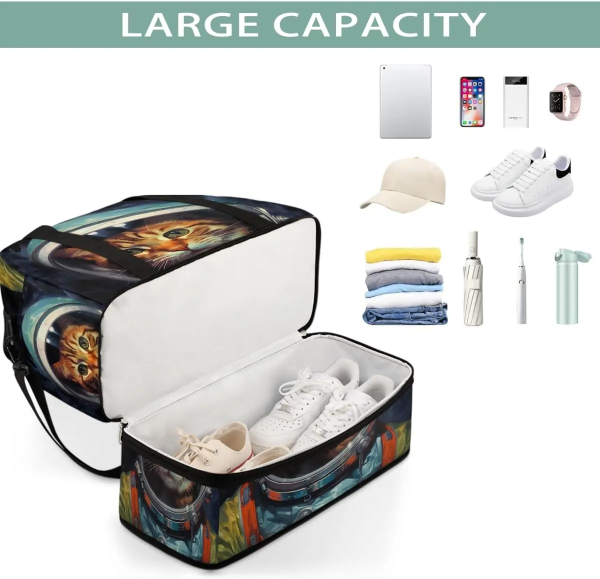 Sports Gym Bag Space Cat Large Travel Duffel Bag With Shoe Compartment Foldable Waterproof Carry-On Weekend Travel Bags for Camping Overnight Yoga Hospital Travel Bags