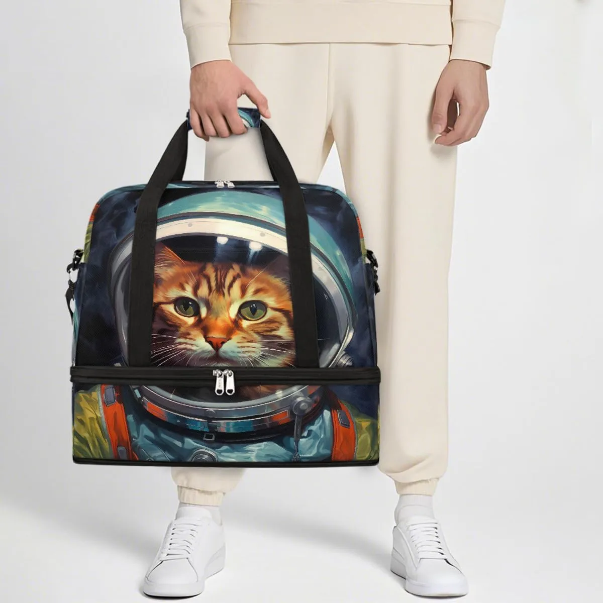 Sports Gym Bag Space Cat Large Travel Duffel Bag With Shoe Compartment Foldable Waterproof Carry-On Weekend Travel Bags for Camping Overnight Yoga Hospital Travel Bags