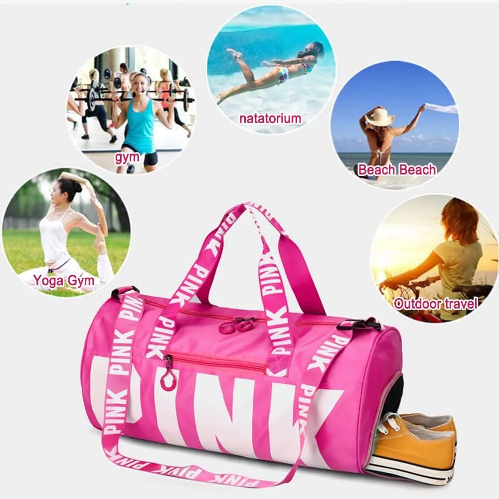 Sports Gym Bag, Travel Duffle Bag with PINK printing, Shoulder Tote Bags Weekend Bags for Workouts, Travel, Hiking, Perfect for Mom's Gifts