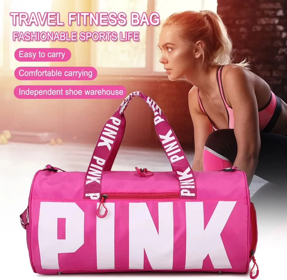 Sports Gym Bag, Travel Duffle Bag with PINK printing, Shoulder Tote Bags Weekend Bags for Workouts, Travel, Hiking, Perfect for Mom's Gifts