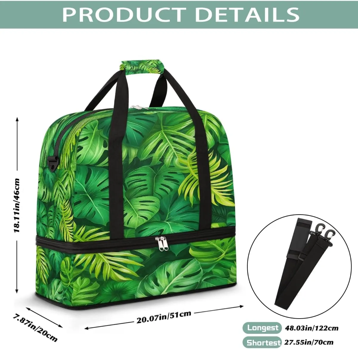 Sports Gym Bag Tropical Rainforest Leaves Large Travel Duffel Bag With Shoe Compartment Foldable Waterproof Carry-On Weekend Travel Bags for Camping Overnight Yoga Hospital Travel Bags
