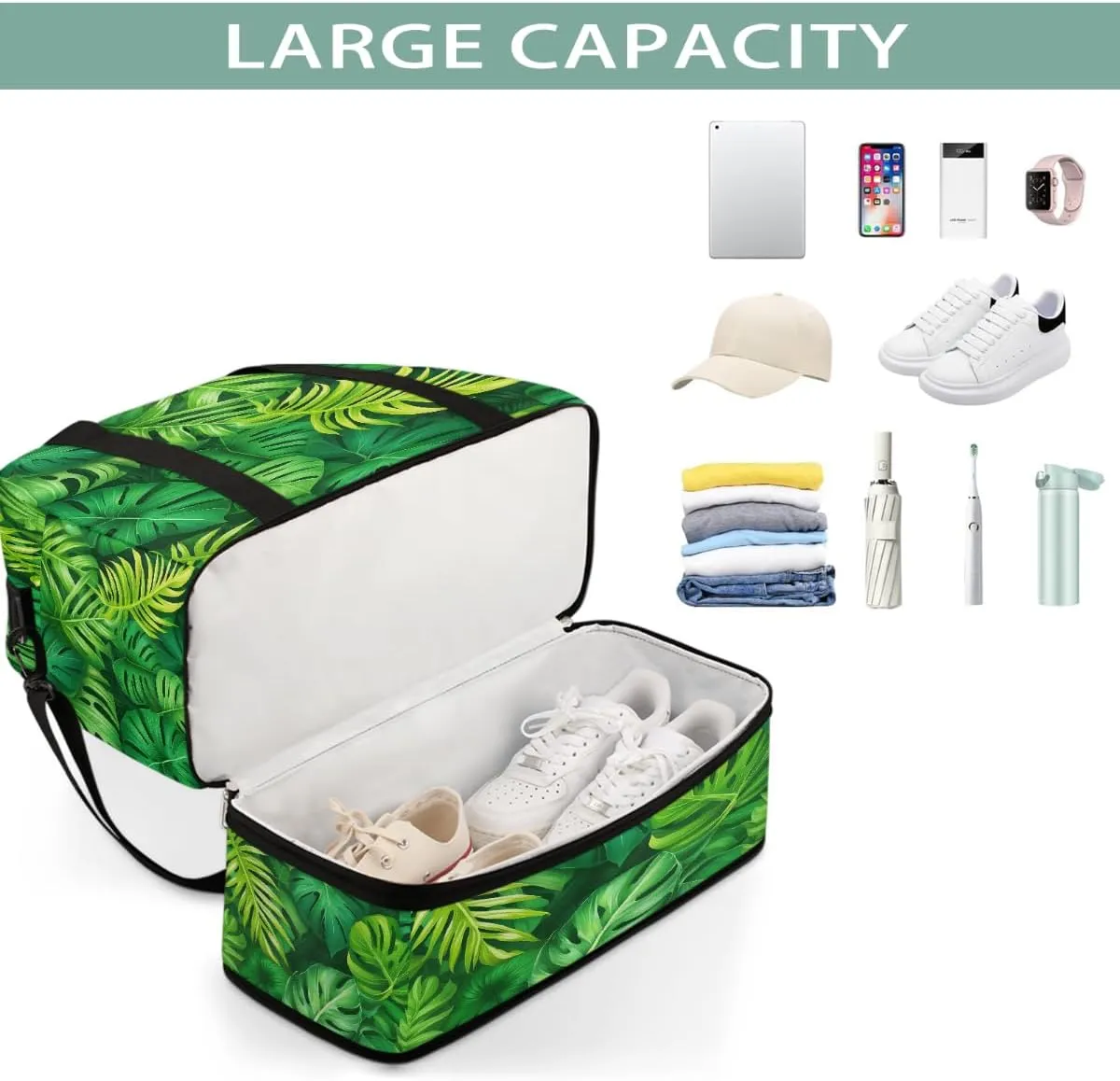 Sports Gym Bag Tropical Rainforest Leaves Large Travel Duffel Bag With Shoe Compartment Foldable Waterproof Carry-On Weekend Travel Bags for Camping Overnight Yoga Hospital Travel Bags