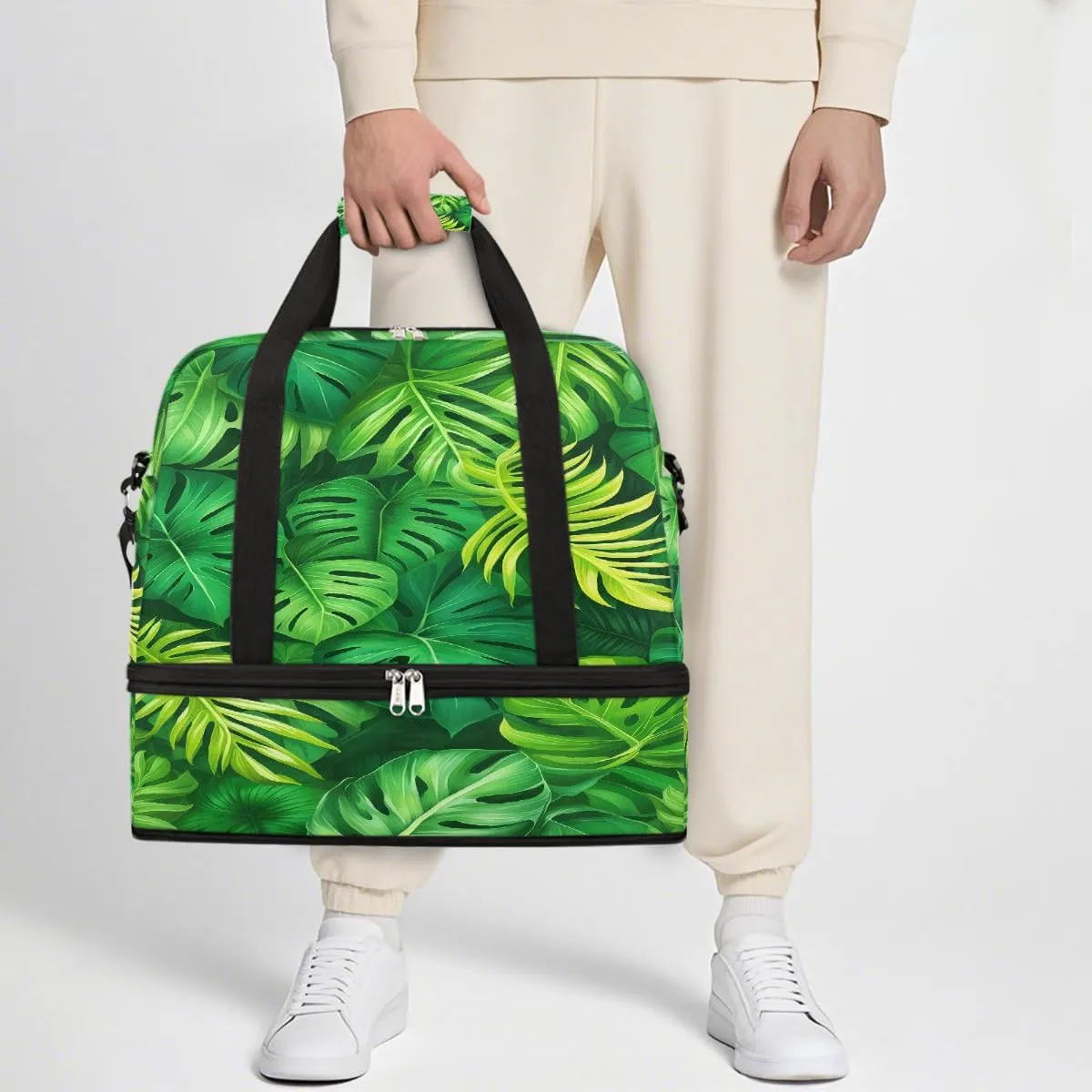 Sports Gym Bag Tropical Rainforest Leaves Large Travel Duffel Bag With Shoe Compartment Foldable Waterproof Carry-On Weekend Travel Bags for Camping Overnight Yoga Hospital Travel Bags