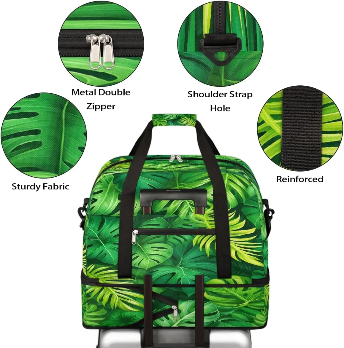 Sports Gym Bag Tropical Rainforest Leaves Large Travel Duffel Bag With Shoe Compartment Foldable Waterproof Carry-On Weekend Travel Bags for Camping Overnight Yoga Hospital Travel Bags
