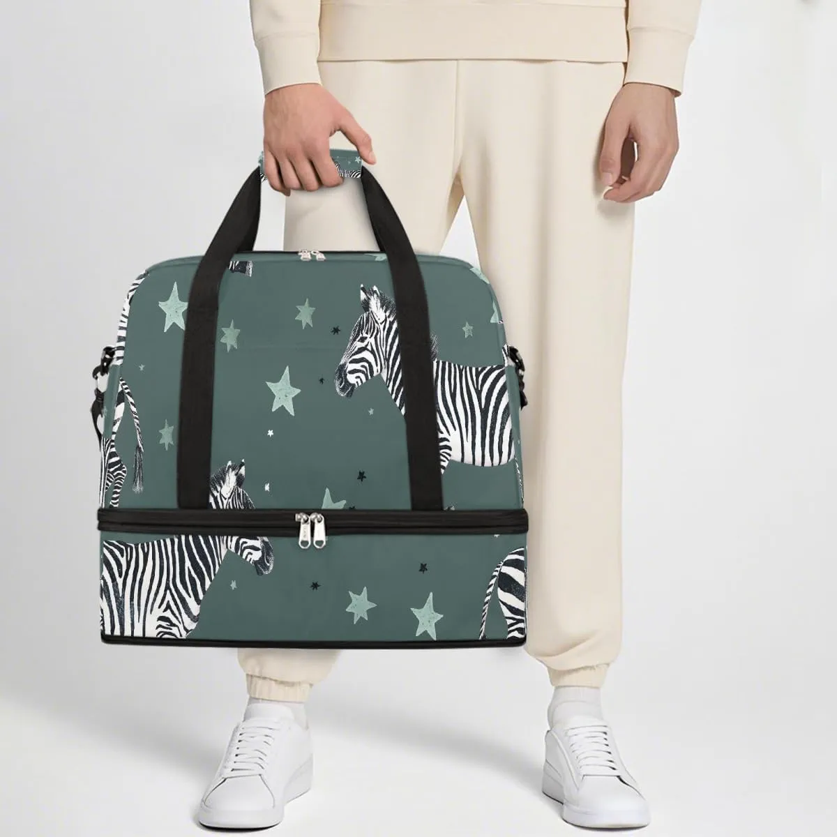 Sports Gym Bag Zebra Illustration Retro Large Travel Duffel Bag With Shoe Compartment Foldable Waterproof Carry-On Weekend Travel Bags for Camping Overnight Yoga Hospital Travel Bags