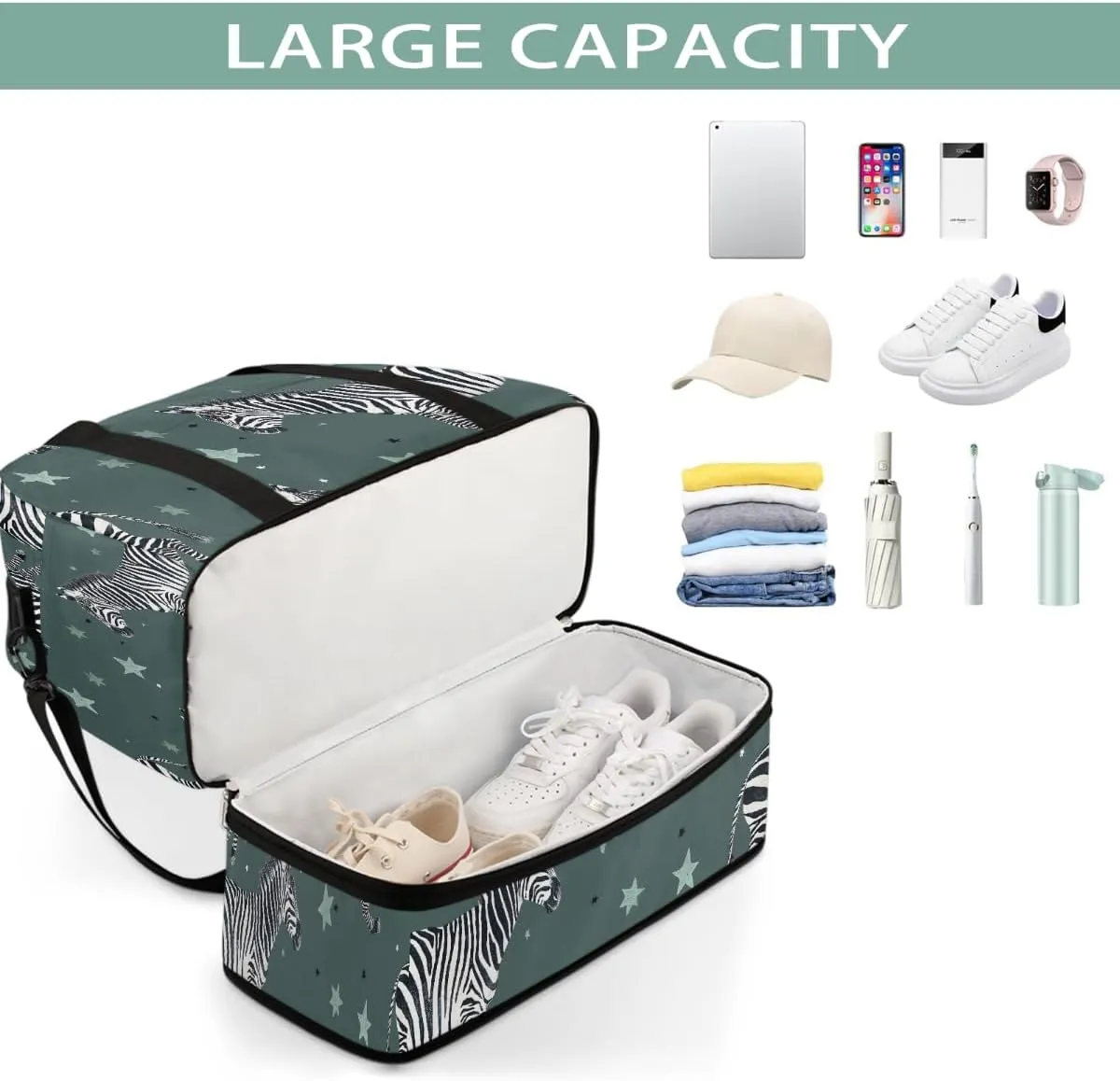 Sports Gym Bag Zebra Illustration Retro Large Travel Duffel Bag With Shoe Compartment Foldable Waterproof Carry-On Weekend Travel Bags for Camping Overnight Yoga Hospital Travel Bags
