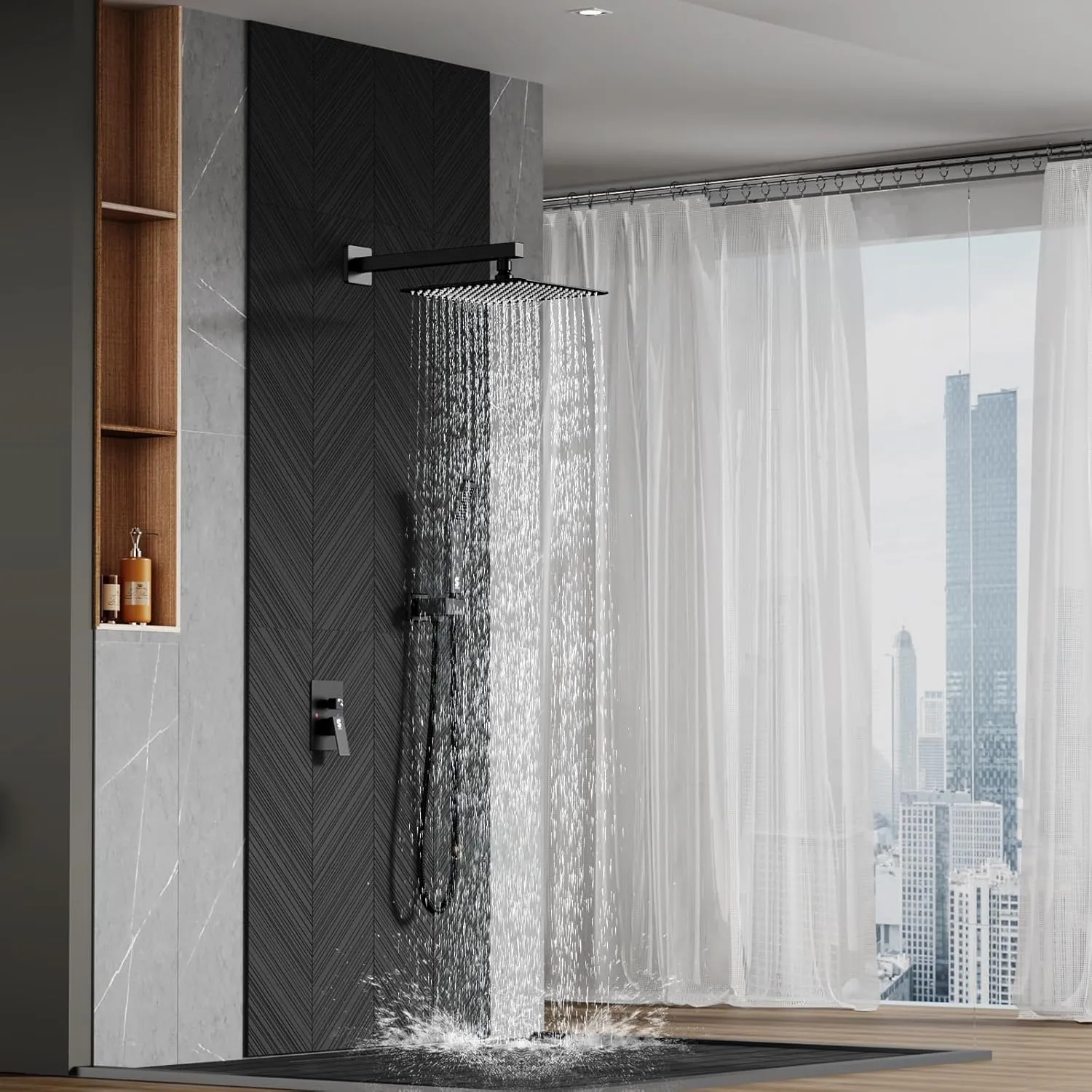 SR SUN RISE Black Square Rainfall Shower Head and Handle Set, Wall Mounted Shower Fixtures, Metal Shower Faucet Trim Repair Kits (With Shower Valve)