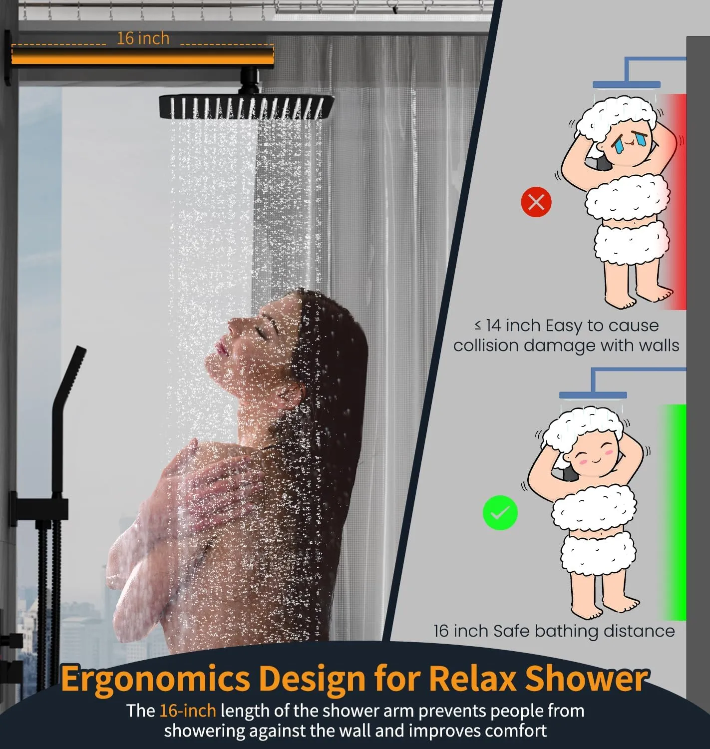 SR SUN RISE Black Square Rainfall Shower Head and Handle Set, Wall Mounted Shower Fixtures, Metal Shower Faucet Trim Repair Kits (With Shower Valve)