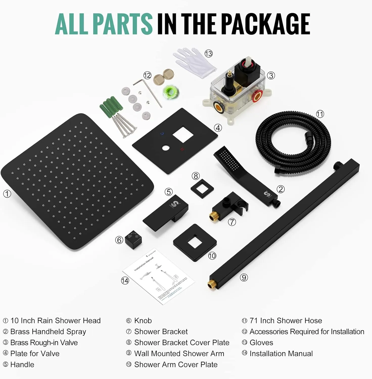 SR SUN RISE Black Square Rainfall Shower Head and Handle Set, Wall Mounted Shower Fixtures, Metal Shower Faucet Trim Repair Kits (With Shower Valve)