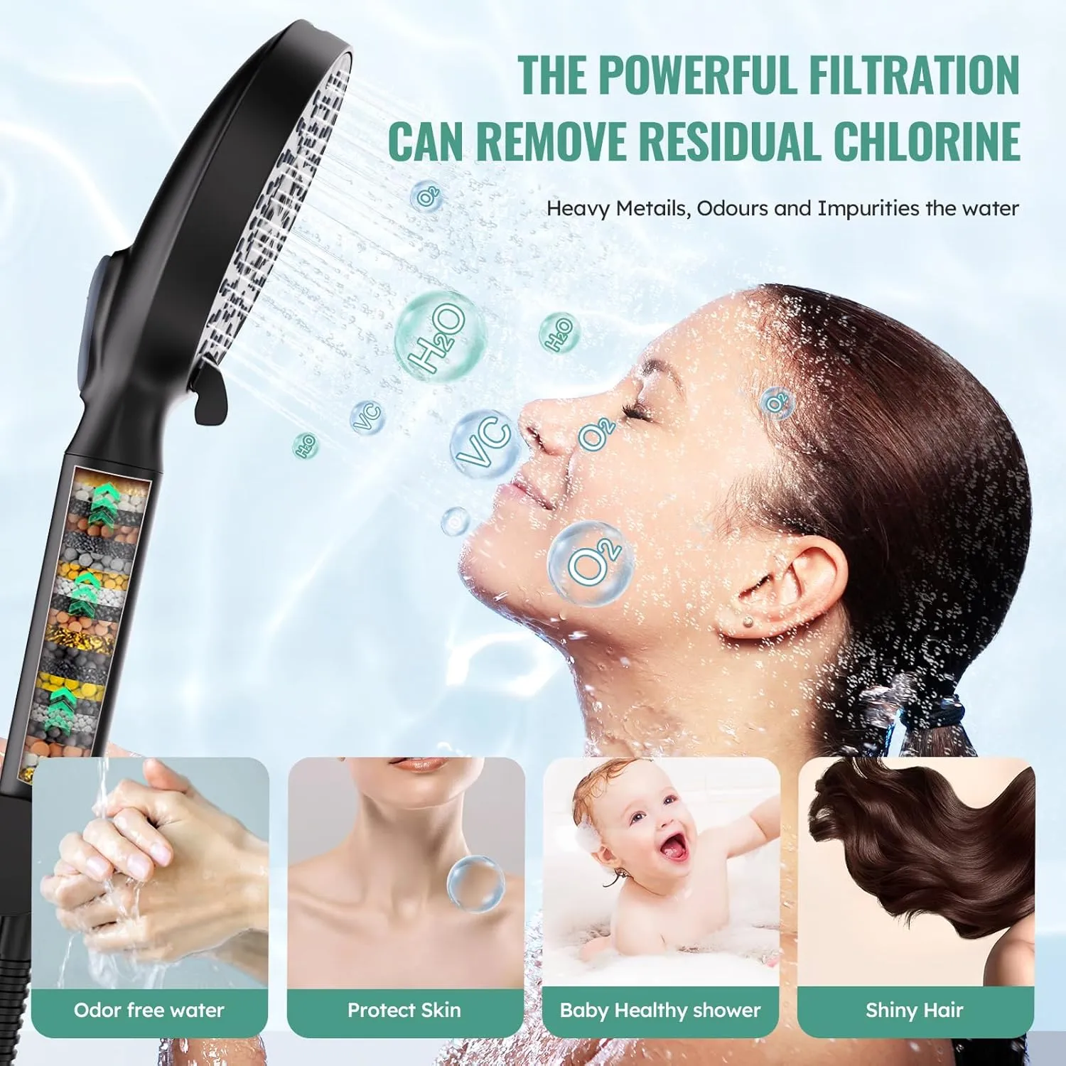 SR SUN RISE Filtered Shower Head with Handheld, High Pressure 9 Spray Mode Matte Black Showerhead with Filters, detachable shower head,Water Softener Filters Beads for Hard Water - Remove Chlorine