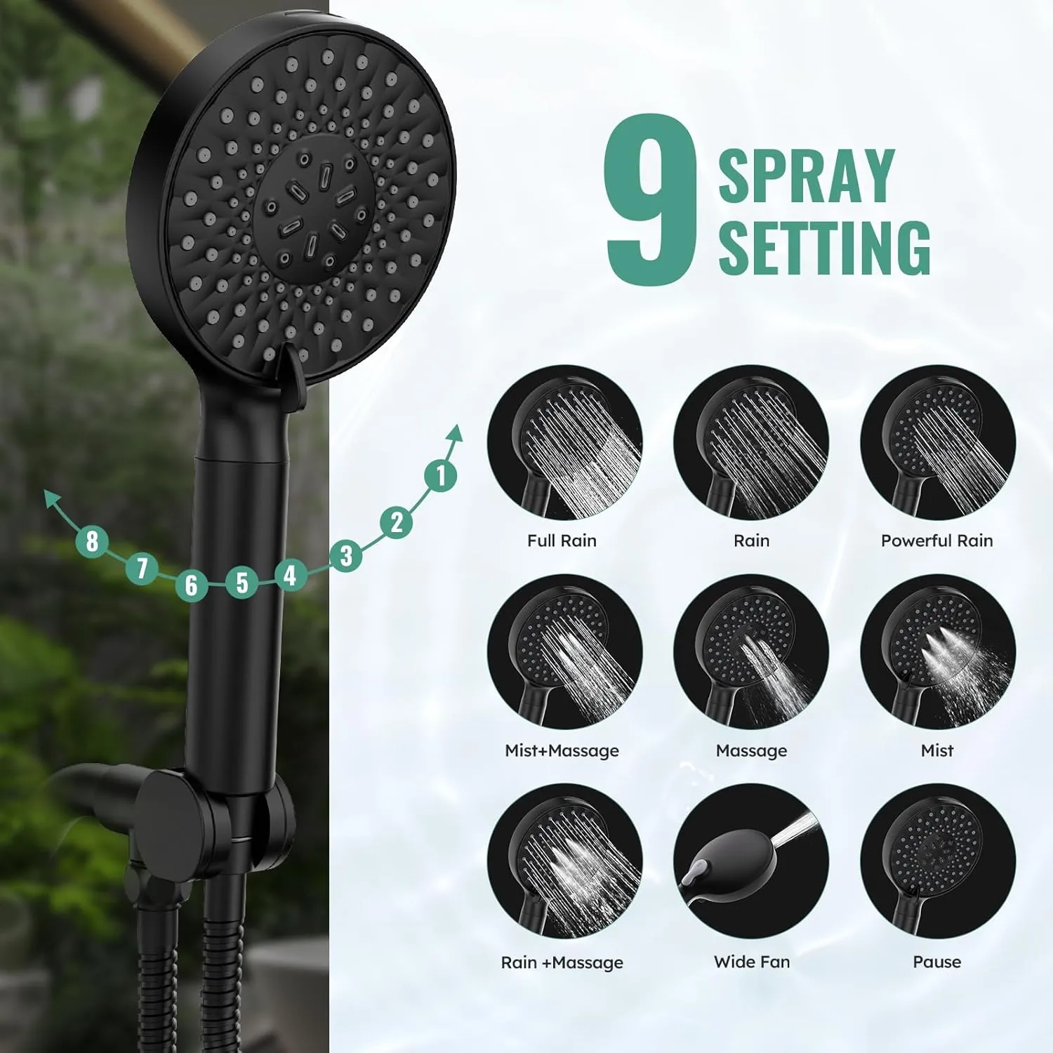 SR SUN RISE Filtered Shower Head with Handheld, High Pressure 9 Spray Mode Matte Black Showerhead with Filters, detachable shower head,Water Softener Filters Beads for Hard Water - Remove Chlorine