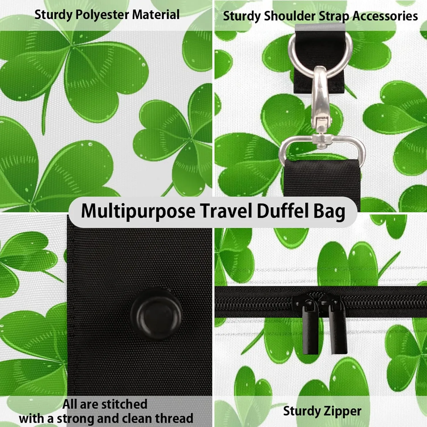 St Patricks Day Green Clover Travel Duffle Bag, Weekender Bags for Women Men, Carry on Overnight Bag Waterproof Gym Bags, Hospital Bag for Labor and Delivery
