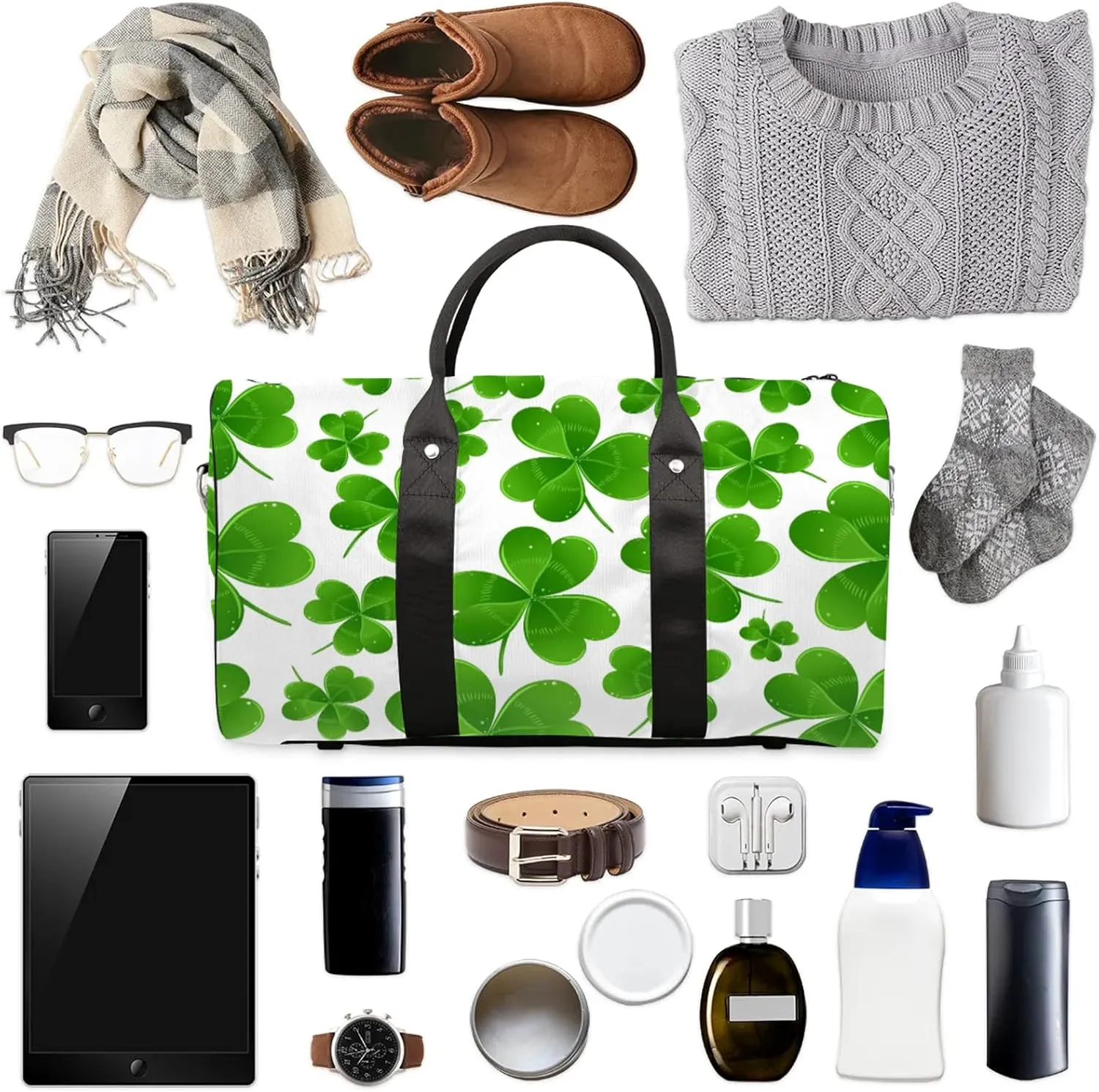 St Patricks Day Green Clover Travel Duffle Bag, Weekender Bags for Women Men, Carry on Overnight Bag Waterproof Gym Bags, Hospital Bag for Labor and Delivery