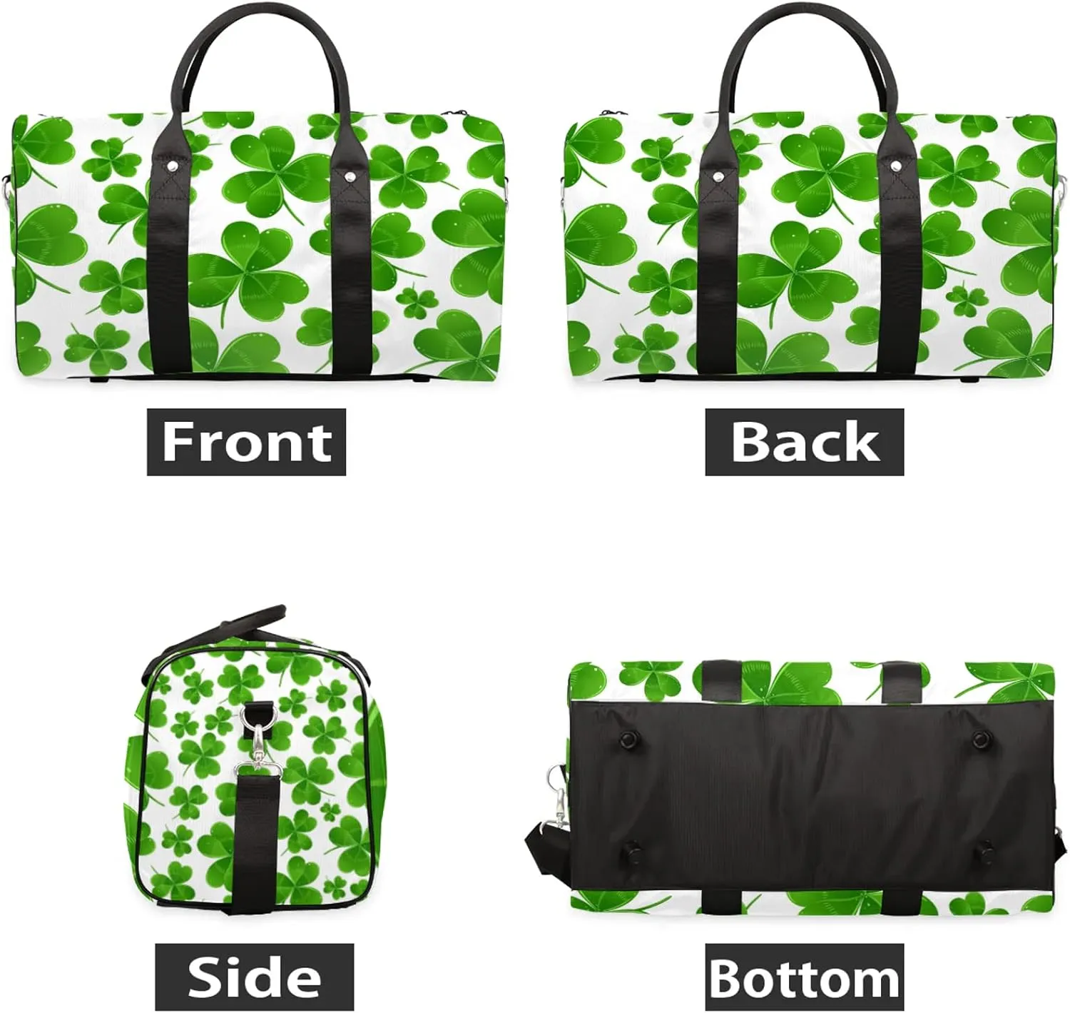 St Patricks Day Green Clover Travel Duffle Bag, Weekender Bags for Women Men, Carry on Overnight Bag Waterproof Gym Bags, Hospital Bag for Labor and Delivery