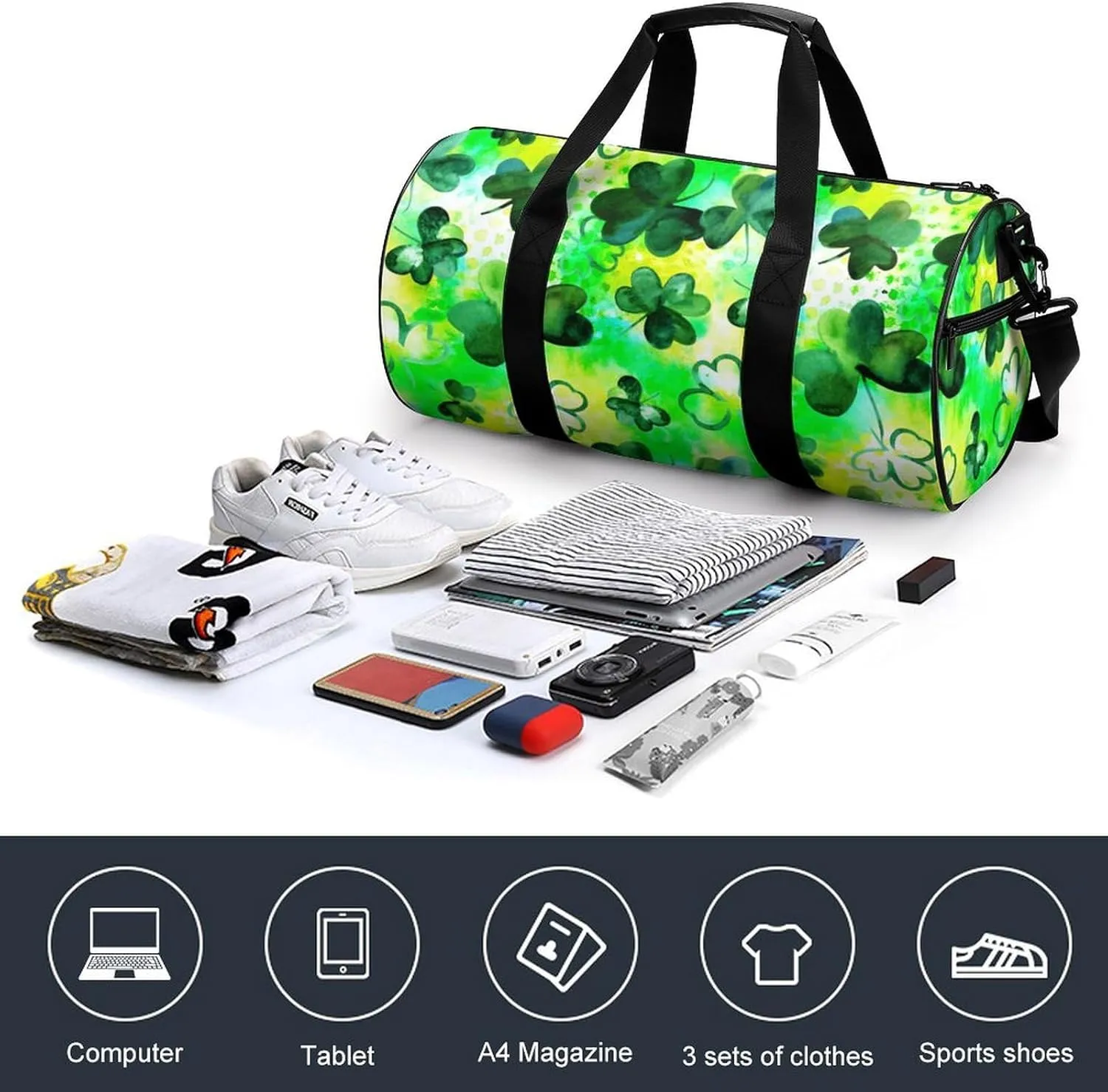 St Patrisks Day Duffelbag Utility Bag Cylindrical Duffelbags Picnic Bags Gym Satchel Durable Handbag Overnighter Duffles 17.7in/9in/9in