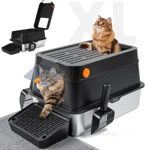 Stainless Steel Litter Box with Lid, Flip-Top for Easy Cleaning, Extra Large Enclosed Metal Litter Box with Kitty Litter Scoop & Mat (Black)