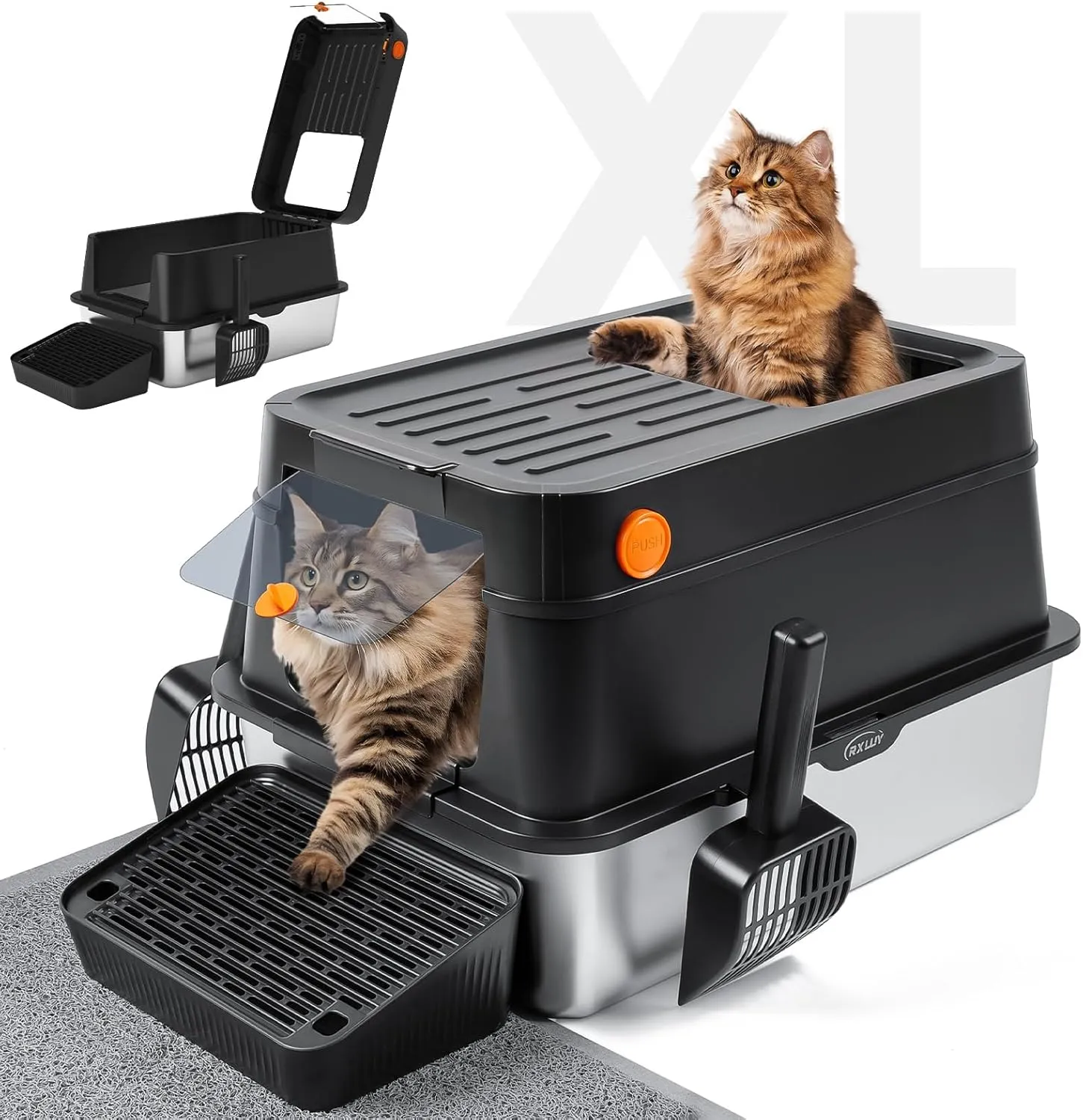 Stainless Steel Litter Box with Lid, Flip-Top for Easy Cleaning, Extra Large Enclosed Metal Litter Box with Kitty Litter Scoop & Mat (Black)