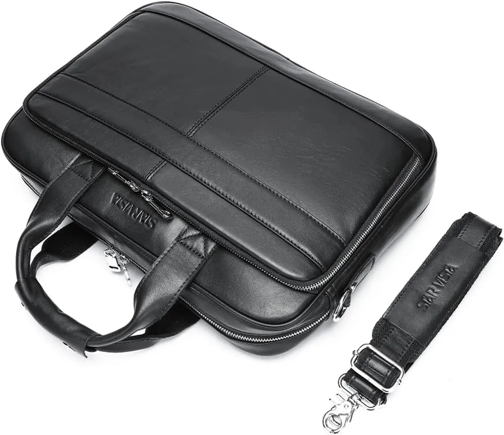STAR VISTA Siro 15.6" Slim Laptop Messenger Bag, Full Grain Leather Briefcase, YKK Zippers, Brass Hardware