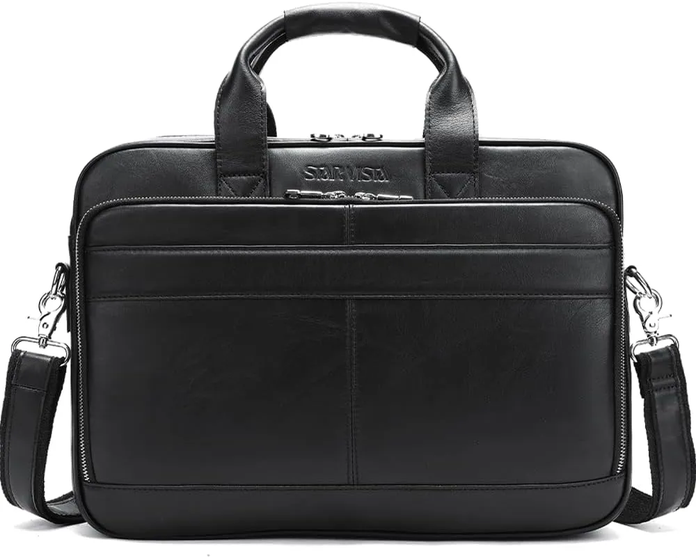 STAR VISTA Siro 15.6" Slim Laptop Messenger Bag, Full Grain Leather Briefcase, YKK Zippers, Brass Hardware