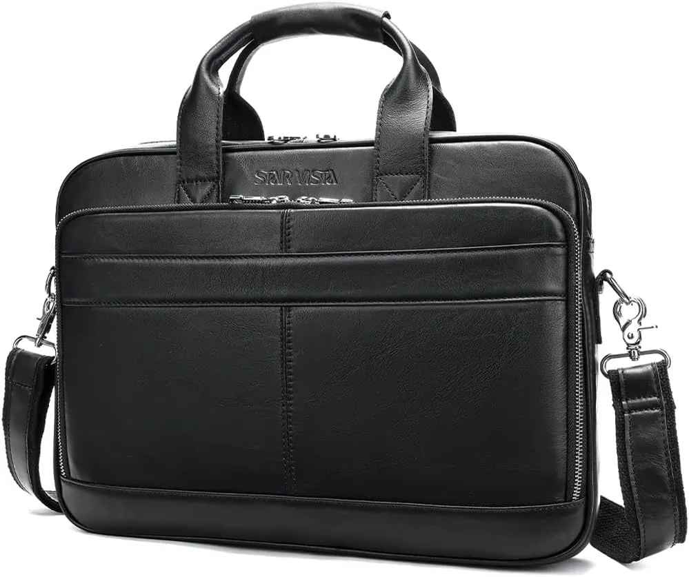 STAR VISTA Siro 15.6" Slim Laptop Messenger Bag, Full Grain Leather Briefcase, YKK Zippers, Brass Hardware