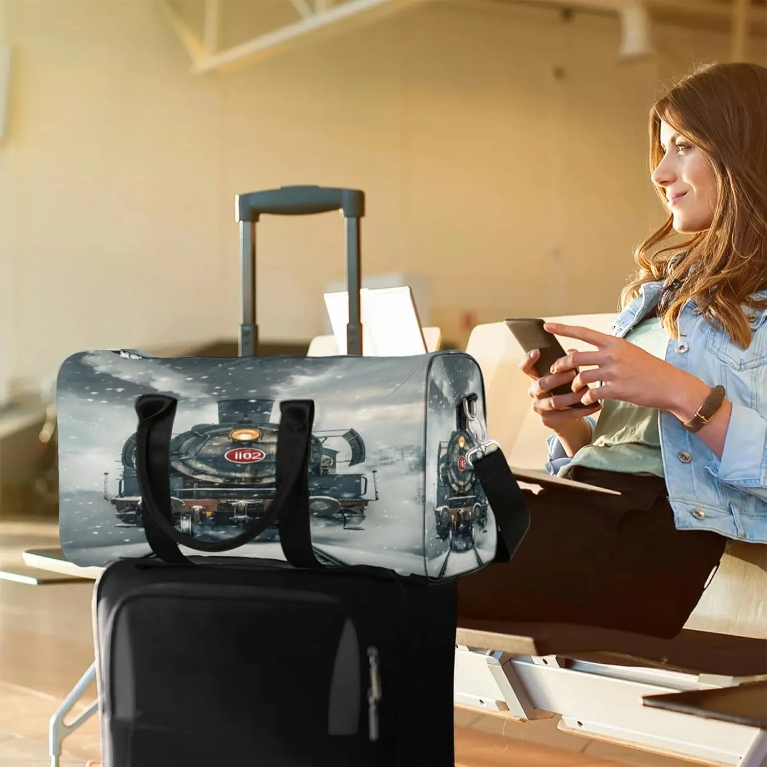Steam Train Travel Bag for Men Women, Gym Duffle Bags for Travel, Carry On Luggage Bag, Weekender Overnight Workout Bags