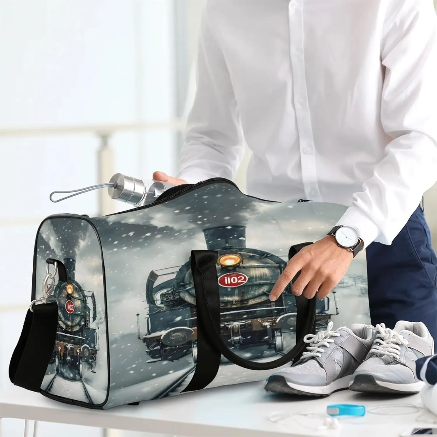 Steam Train Travel Bag for Men Women, Gym Duffle Bags for Travel, Carry On Luggage Bag, Weekender Overnight Workout Bags
