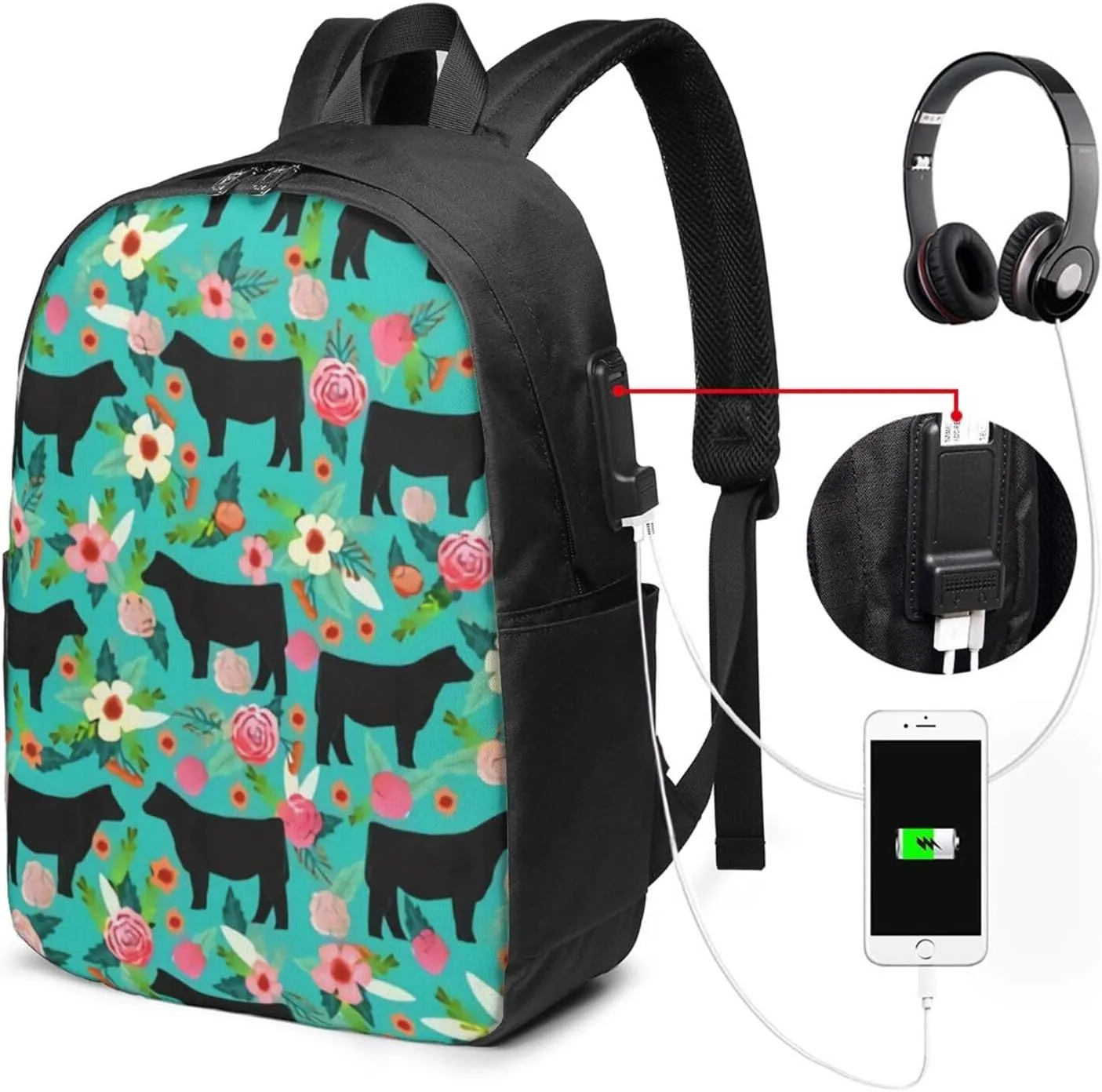 Steer Floral Show Steer Cows Farm Barn Florals Backpack, 17 Inch Travel Business Laptop Backpack With USB Port for Women Men