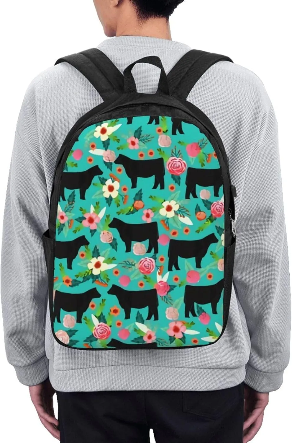 Steer Floral Show Steer Cows Farm Barn Florals Backpack, 17 Inch Travel Business Laptop Backpack With USB Port for Women Men