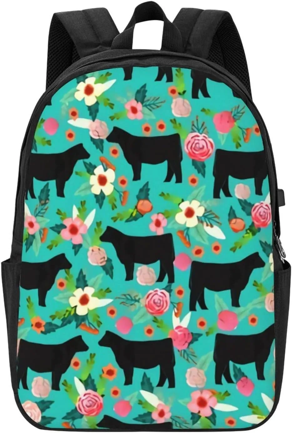 Steer Floral Show Steer Cows Farm Barn Florals Backpack, 17 Inch Travel Business Laptop Backpack With USB Port for Women Men