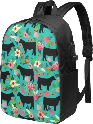Steer Floral Show Steer Cows Farm Barn Florals Backpack, 17 Inch Travel Business Laptop Backpack With USB Port for Women Men