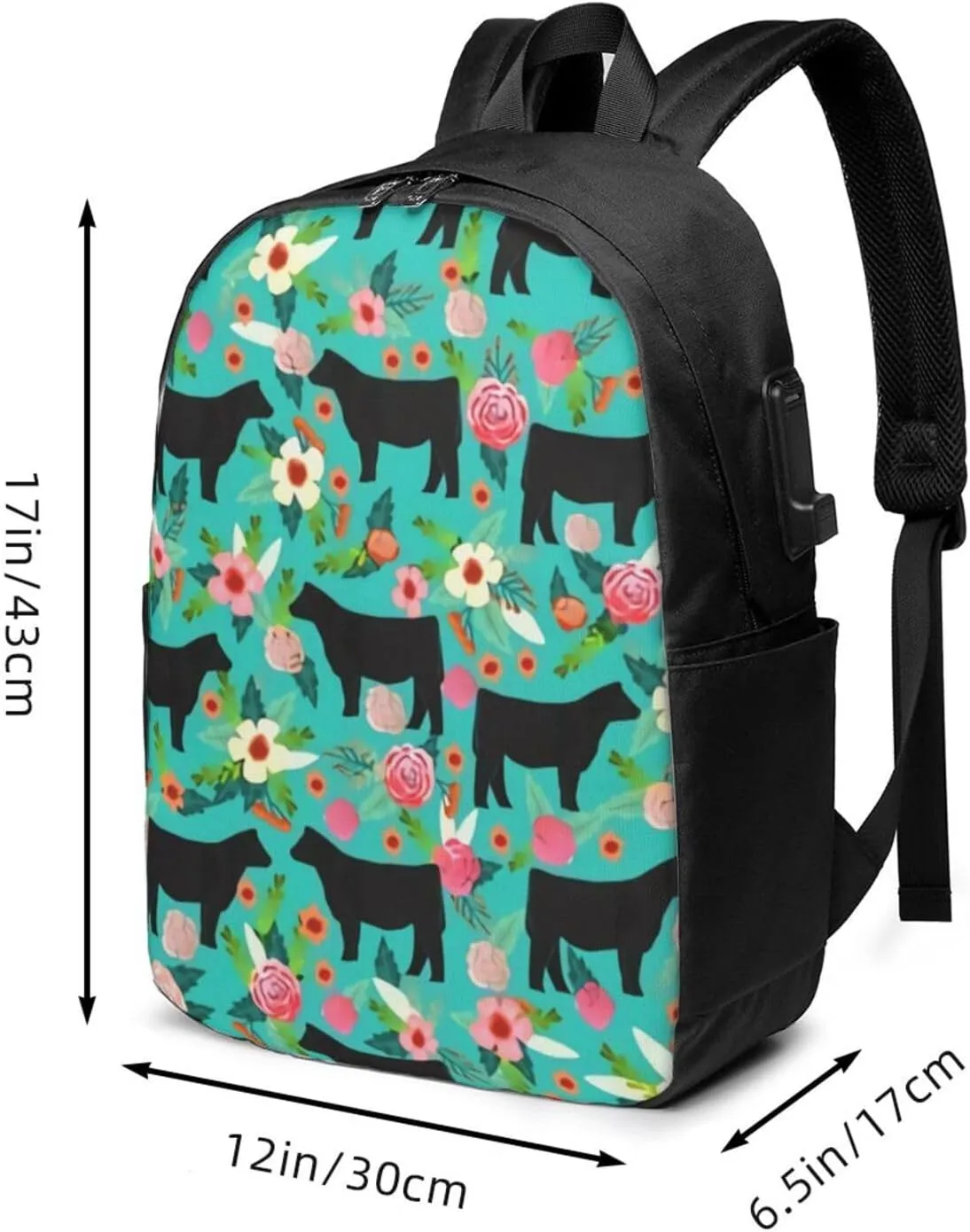Steer Floral Show Steer Cows Farm Barn Florals Backpack, 17 Inch Travel Business Laptop Backpack With USB Port for Women Men