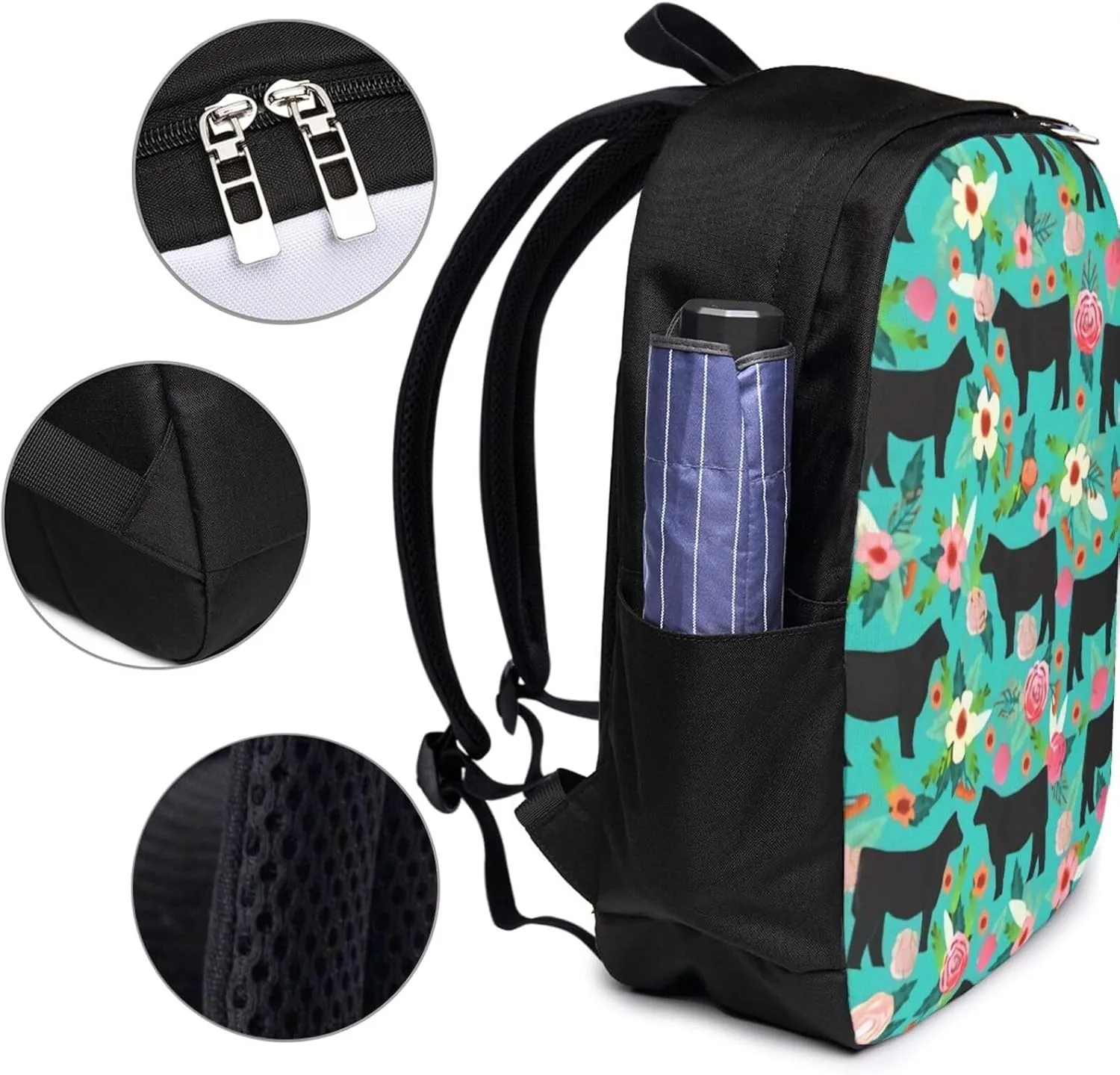 Steer Floral Show Steer Cows Farm Barn Florals Backpack, 17 Inch Travel Business Laptop Backpack With USB Port for Women Men