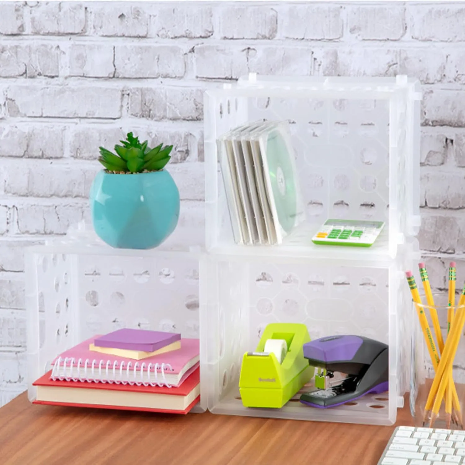 Sterilite Mini Crate, Stackable Plastic Storage Bin with Handles, Organize Home, Garage, Office, School, Dorm Room, Clear, 12-Pack