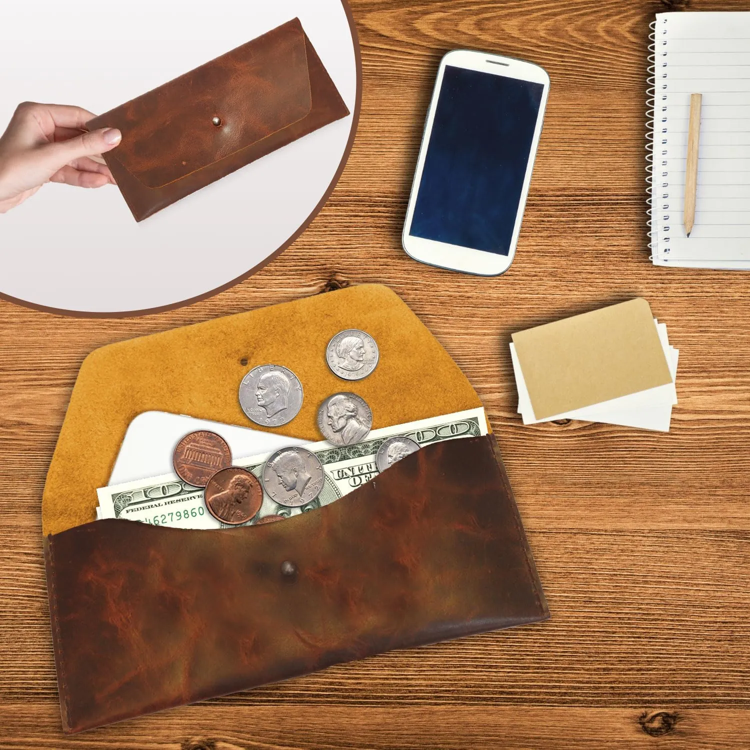 Succor Genuine Leather Cash Envelopes Wallet For Men, Money Bag Pouch, Reusable Budget Envelope, Retro Clutch Wallet, For Men and Women, Brown