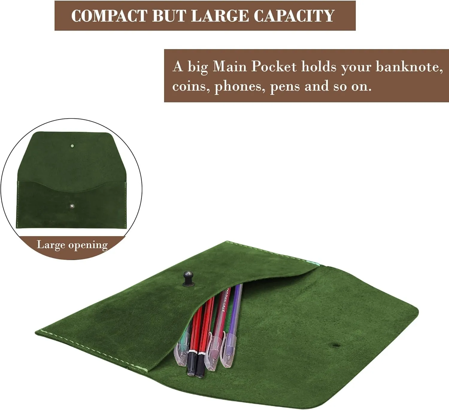 Succor Genuine Leather Cash Envelopes Wallet For Men, Money Bag Pouch, Reusable Budget Envelope, Retro Clutch Wallet, For Men and Women, Green