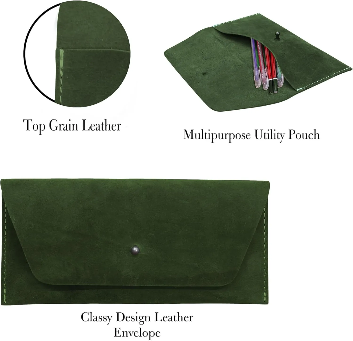 Succor Genuine Leather Cash Envelopes Wallet For Men, Money Bag Pouch, Reusable Budget Envelope, Retro Clutch Wallet, For Men and Women, Green