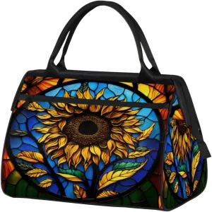 Sunflower Blue Glass Window Gym Bag for Women Men, Travel Sports Duffel Bag with Trolley Sleeve, Waterproof Sports Gym Bag Weekender Overnight Bag Carry On Tote Bag for Travel Gym Sport