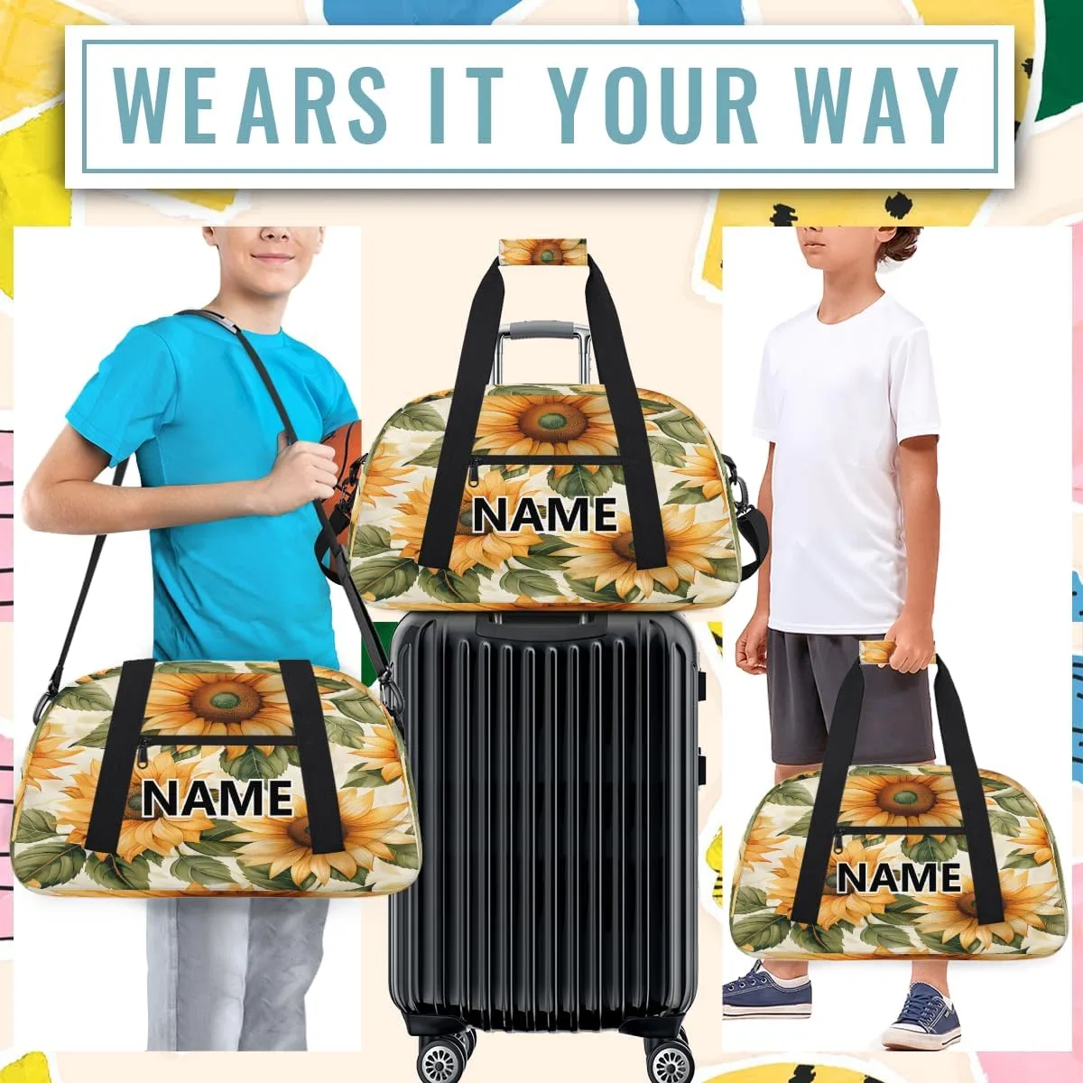 Sunflower Mini Gym Bag 18 inch for Women Men Waterproof Custom Farmhouse Rustic Travel Duffel Bag Carry On Overnight Tote Nurse Bag for Work Fitness Hiking